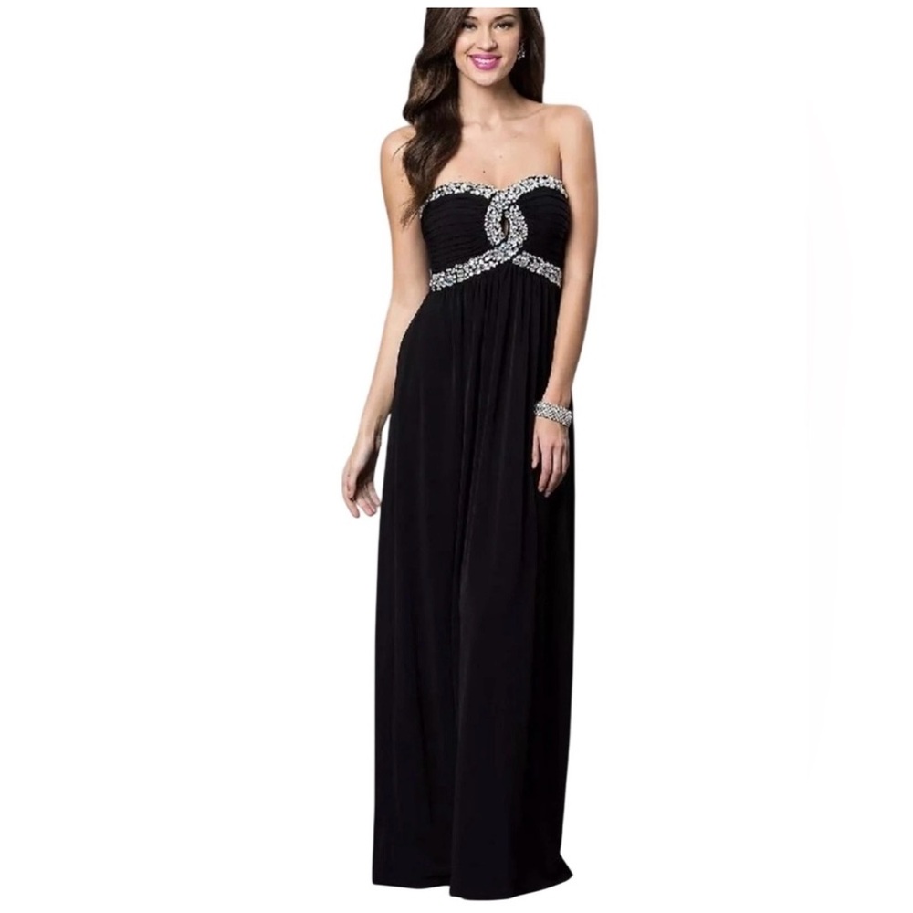 City Triangles Black Strapless Evening Gown with Crystal Embellishment